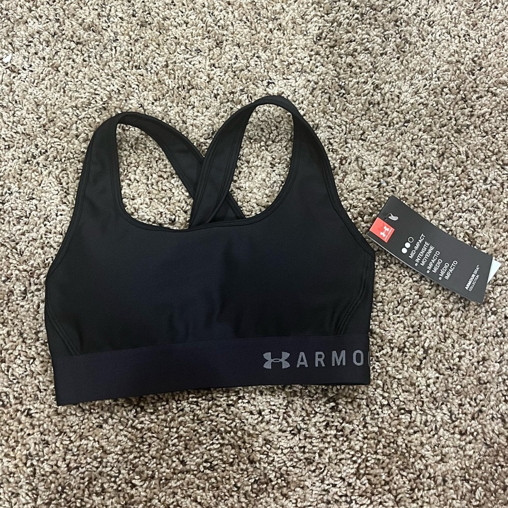 NEW! Under Armour Women's Black Mid Crossback Sports Bra - Picture 2 of 4